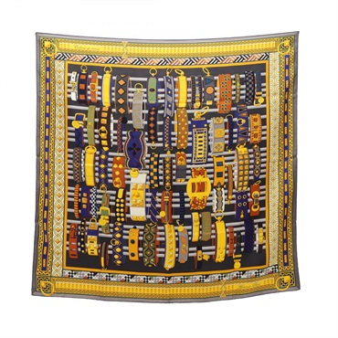 HERMES Carre90 Colliers de chiens Scarf silk Gray Yellow multicolor Used Women
