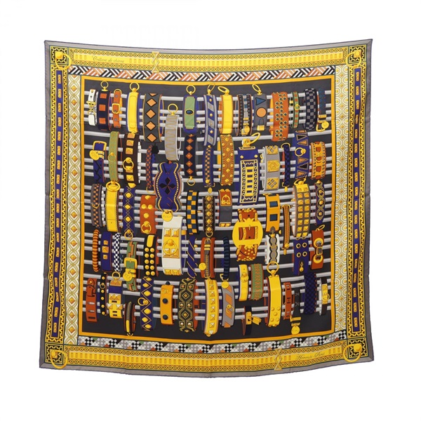 HERMES Carre90 Colliers de chiens Scarf silk Gray Yellow multicolor Used Women