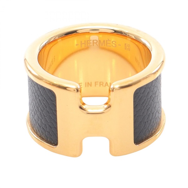 HERMES Olympe GM Ring Gold Plated madame leather Black Used women US size 6.25
