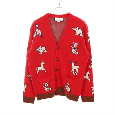 GUCCI HAWAII Animal Cardigan Sweater 626635 wool cotton Red Multi #S Used mens