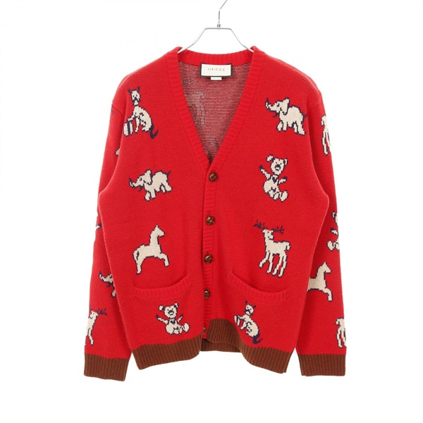 GUCCI HAWAII Animal Cardigan Sweater 626635 wool cotton Red Multi #S Used mens