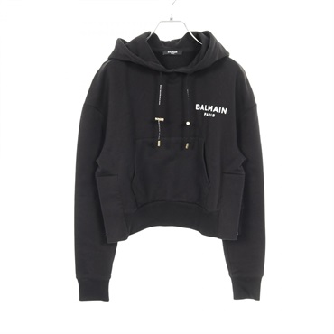BALMAIN Cropped Hoodie With Flocked Logo sweatshirt cotton Black Used Women #XS