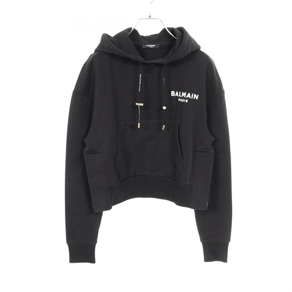 BALMAIN Cropped Hoodie With Flocked Logo sweatshirt cotton Black Used Women #XS