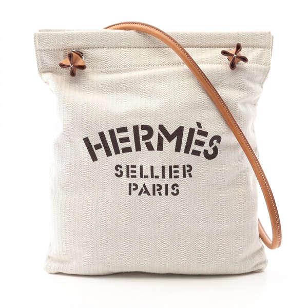 HERMES Arena MM crossbody Shoulder Bag Canvas leather Beige Brown used SHW X