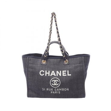 CHANEL Deauville Chain shoulder Tote Bag A66941 denim leather Navy Used GHW CC