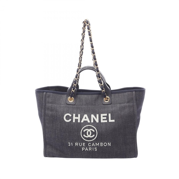 CHANEL Deauville Chain shoulder Tote Bag A66941 denim leather Navy Used GHW CC