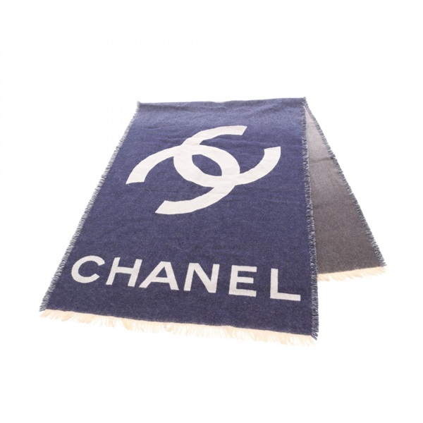 CHANEL COCO Mark Stall Scarf cashmere Navy Multicolor Used Women
