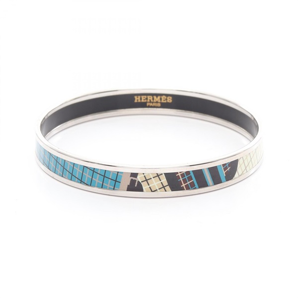 HERMES Emaille PM Bangle Bracelet Stainless Steel Cloisonne Silver Blue Used