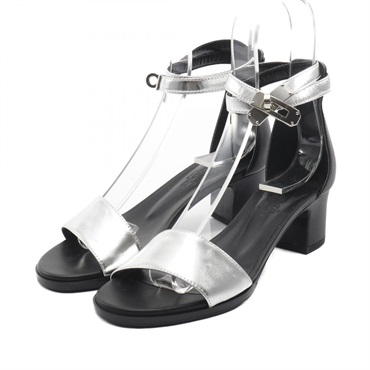 HERMES Manege Kelly Belt Sandals heel shoes leather Black Silver Used Women #35