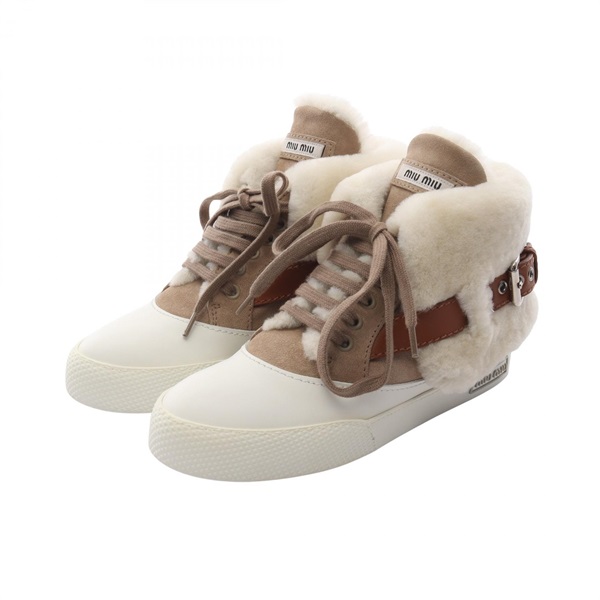 Miu Miu Belt Sneakers Shoes Mouton Sheep sking Fabric Beige Used Women # 35 1/2