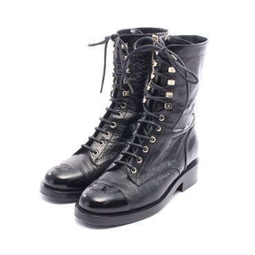 CHANEL COCO Mark short boots shoes #38C lace-up leather Black Used Women