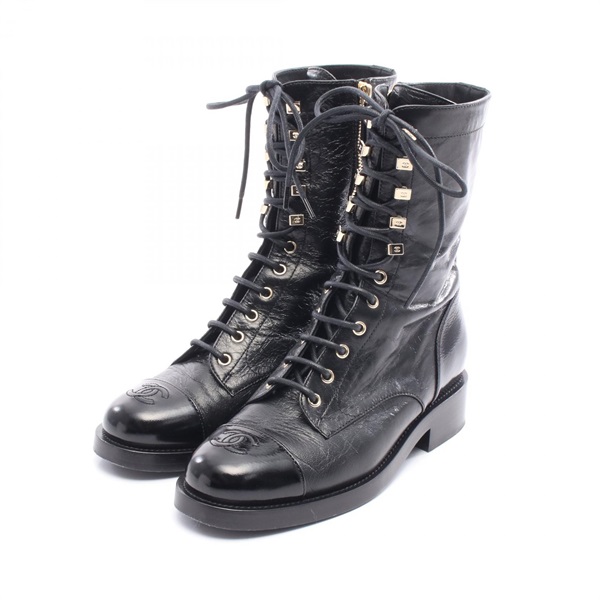 CHANEL COCO Mark short boots shoes #38C lace-up leather Black Used Women