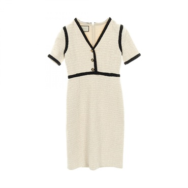 GUCCI Interlocking G Button short sleeve Dress cotton White Black Used Women #40