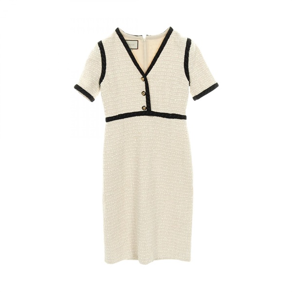 GUCCI Interlocking G Button short sleeve Dress cotton White Black Used Women #40