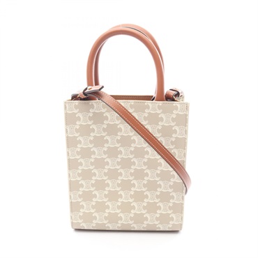 CELINE Mini Vertical Cabas Triomphe Shoulder Handbag canvas leather Beige Used