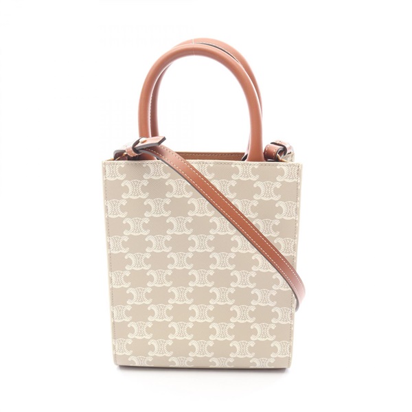CELINE Mini Vertical Cabas Triomphe Shoulder Handbag canvas leather Beige Used