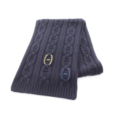 HERMES TRI-MAILLON Chaine d'Ancre Scarf wrap stole cashmere Navy Used unisex
