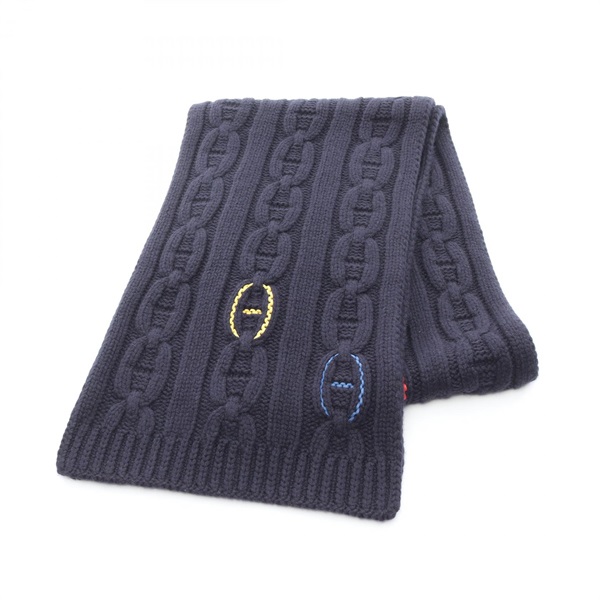 HERMES TRI-MAILLON Chaine d'Ancre Scarf wrap stole cashmere Navy Used unisex