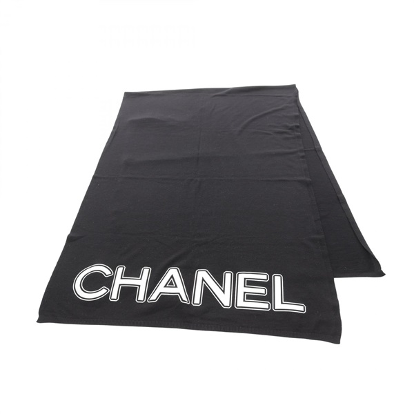 CHANEL Scarf stole wrap echarpe wool Black logo Used Women CC Coco