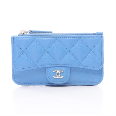 CHANEL Classic coin purse wallet card holder Calf leather Blue Used Women SHW