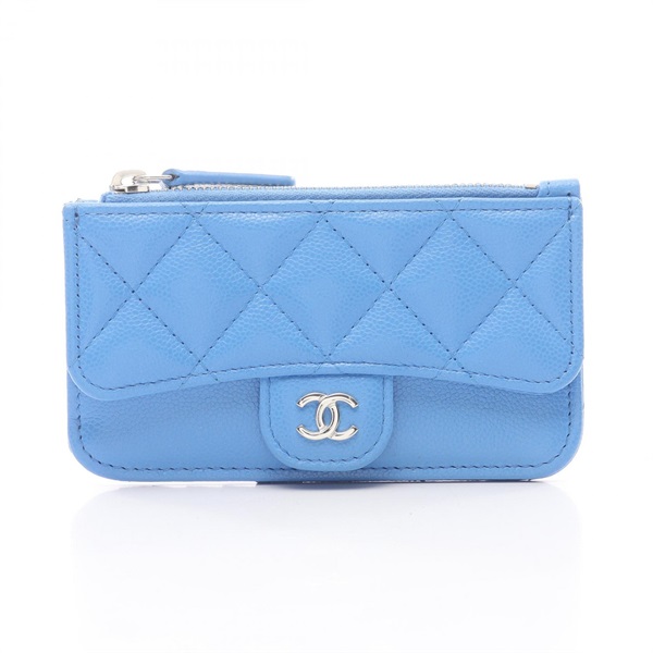 CHANEL Classic coin purse wallet card holder Calf leather Blue Used Women SHW