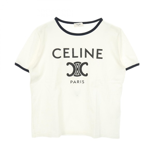CELINE Triomphe T-shirt tops cotton jersey White Navy Used Women size L