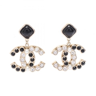 CHANEL COCO Mark Pierced Earrings Gold Plated Artificial pearl rhinestone B&W