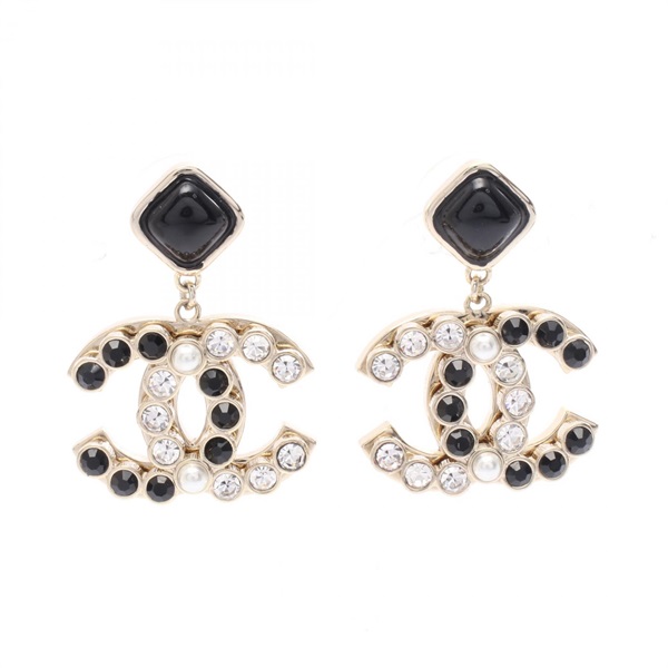 CHANEL COCO Mark Pierced Earrings Gold Plated Artificial pearl rhinestone B&W