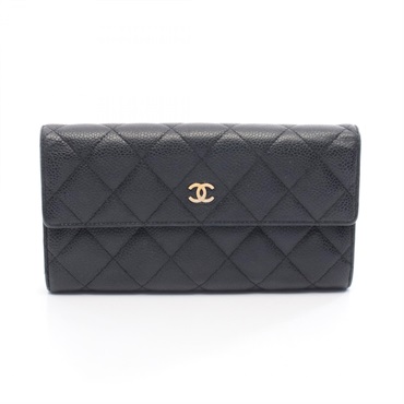 CHANEL Matelasse Bifold long purse wallet A50096 Calfskin leather Black Used GHW