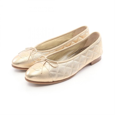 CHANEL Ballerina Matelasse COCO Mark pumps shoes #37 1/2 leather Gold Used Women