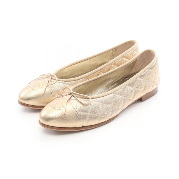 CHANEL Ballerina Matelasse COCO Mark pumps shoes #37 1/2 leather Gold Used Women