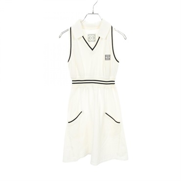 CHANEL Sports line COCO Mark Sleeveless Dress #36 cotton White Used Women CC