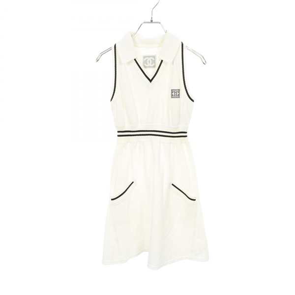CHANEL Sports line COCO Mark Sleeveless Dress #36 cotton White Used Women CC