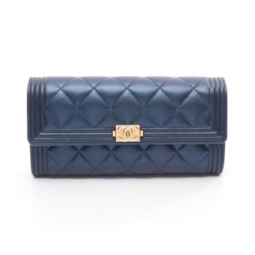 CHANEL Boy chanel Bifold long wallet purse leather metallic Navy Used Women GHW