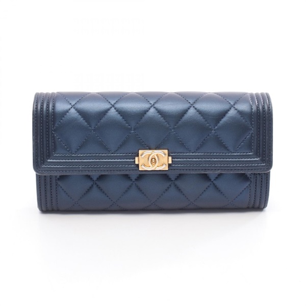 CHANEL Boy chanel Bifold long wallet purse leather metallic Navy Used Women GHW