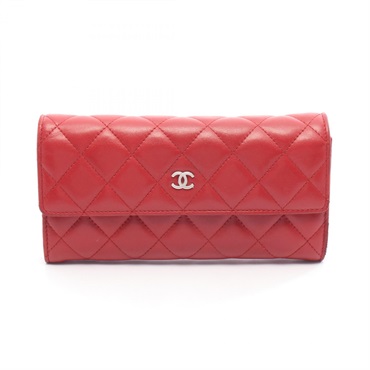 CHANEL Matelasse Bifold long purse wallet leather Red SHW Used Women Coco CC