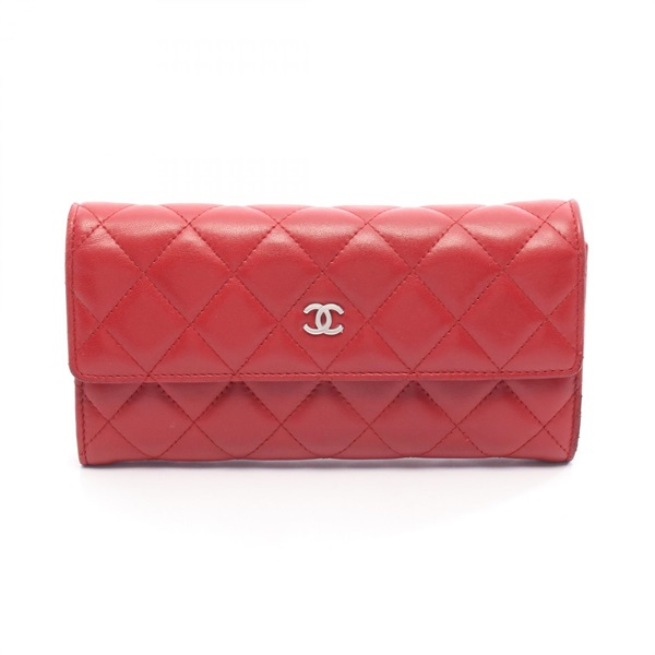 CHANEL Matelasse Bifold long purse wallet leather Red SHW Used Women Coco CC