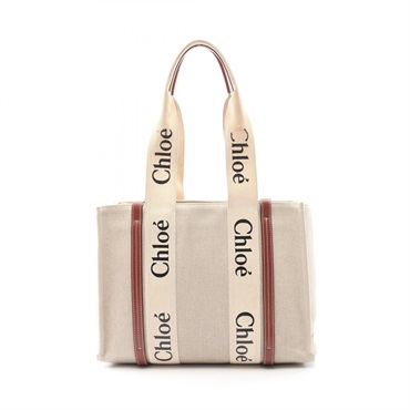 Chloe WOODY Medium Shoulder Tote Bag CHC22AS383 canvas leather Beige Brown Used