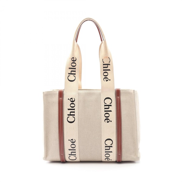 Chloe WOODY Medium Shoulder Tote Bag CHC22AS383 canvas leather Beige Brown Used
