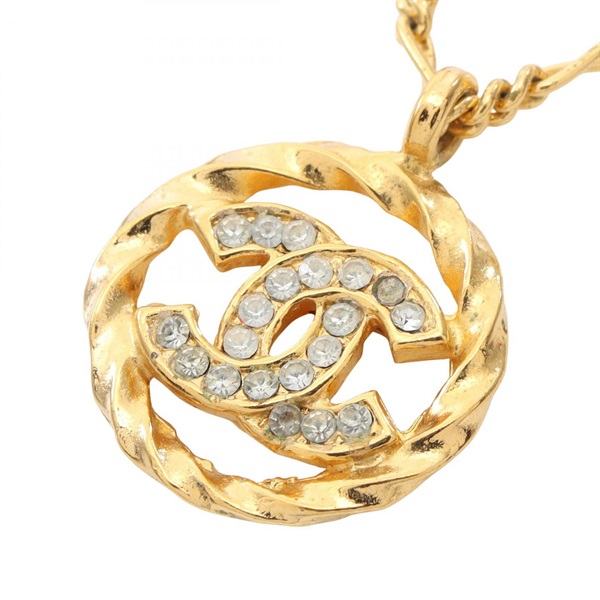 CHANEL COCO Mark Necklace Pendant Gold Plated Rhinestone Used CC Logo