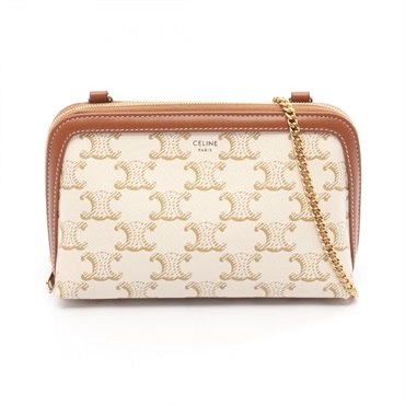 CELINE Triomphe Shoulder Bag PVC coated canvas leather White Brown Used Women