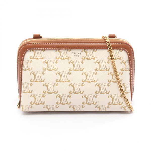 CELINE Triomphe Shoulder Bag PVC coated canvas leather White Brown Used Women