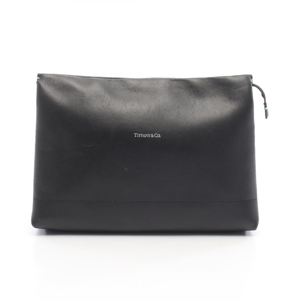 TIFFANY＆CO Large Shopping Pouch Business Clutch Bag leather Black Used Women