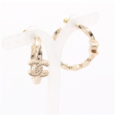 CHANEL COCO Mark hoop Pierced earrings Gold Plated Rhinestone Used women CC