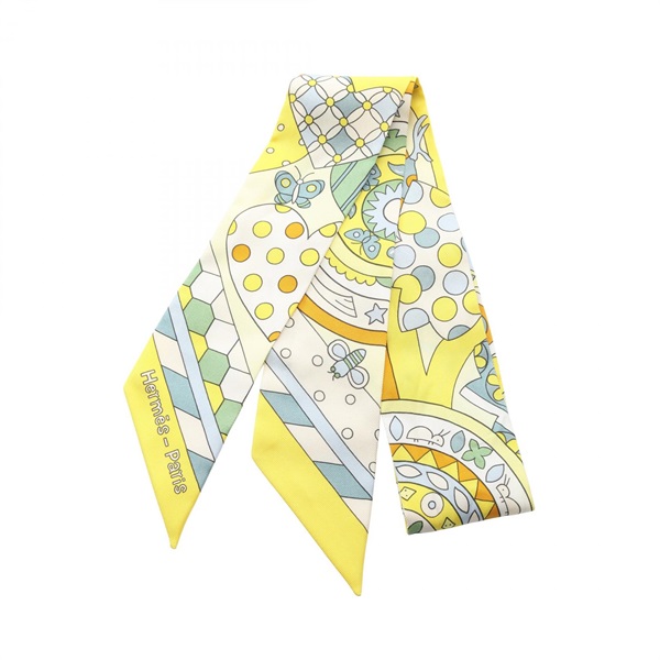 HERMES Twilly LES MURMURES DE LA FORET Ribbon Scarf wrap tie silk Yellow Used