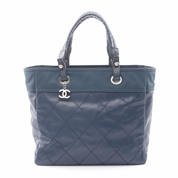 CHANEL Paris Biarritz MM Tote hand Bag A34209 canvas leather Navy Used SHW