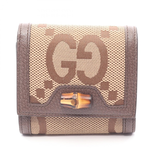 GUCCI Bamboo Jumbo GG Bi-fold wallet purse 658635 canvas leather Beige Used GG