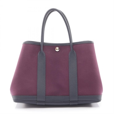 HERMES Garden Party TPM Tote Handbag Toile officier canvas leather Cassis Used