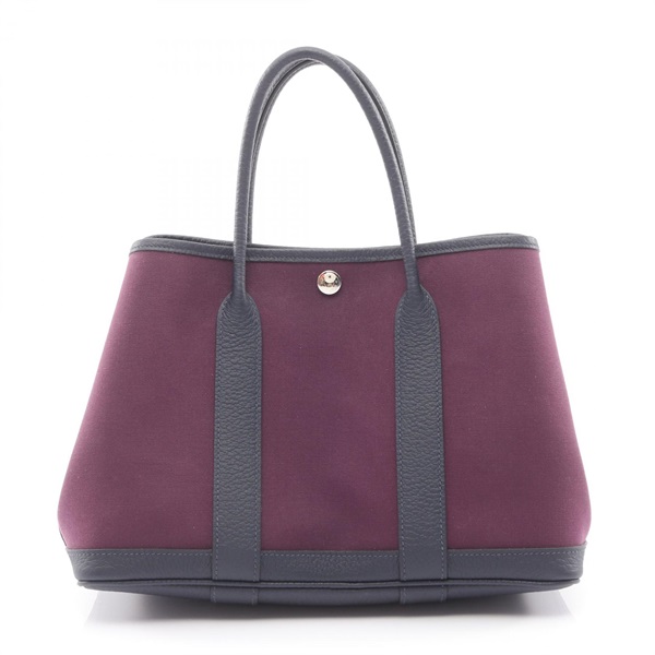 HERMES Garden Party TPM Tote Handbag Toile officier canvas leather Cassis Used