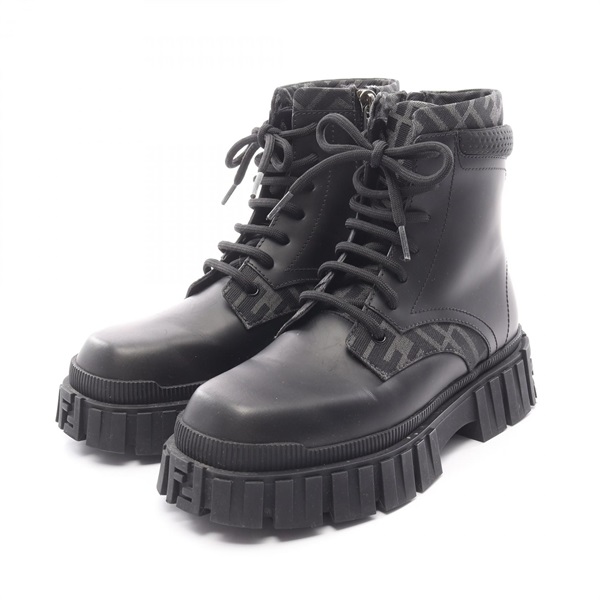 FENDI Force FF side zipper Boots 7U1458 leather canvas Black Used mens size 5